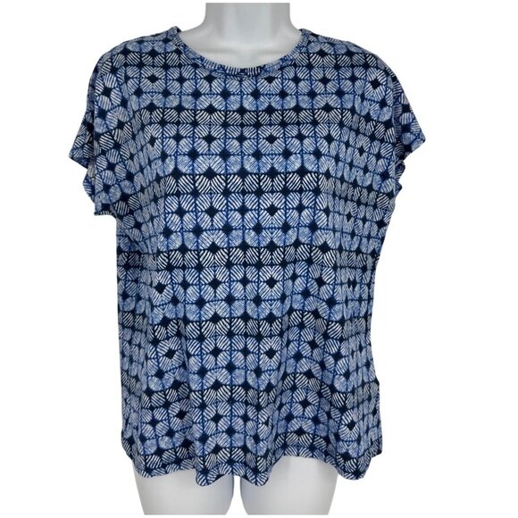 Brooks Brothers Womens Blue & White Geometric Print Cotton Short-Sleeve Top Sz L - Picture 1 of 10